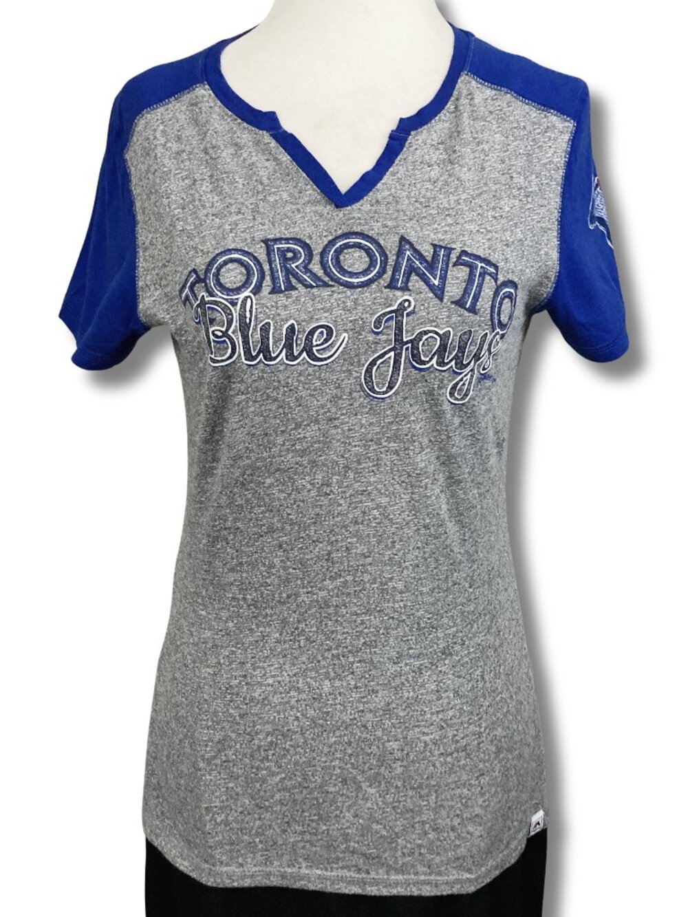 MAJESTIC Toronto Blue Jays team logo blue grey raglan t-shirt baseball XS SMALL